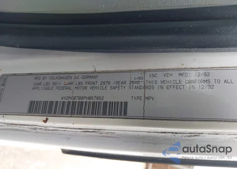 1993 Volkswagen Eurovan Mv z USA, uszkodzony, nr VIN WV2MC0708PH067862